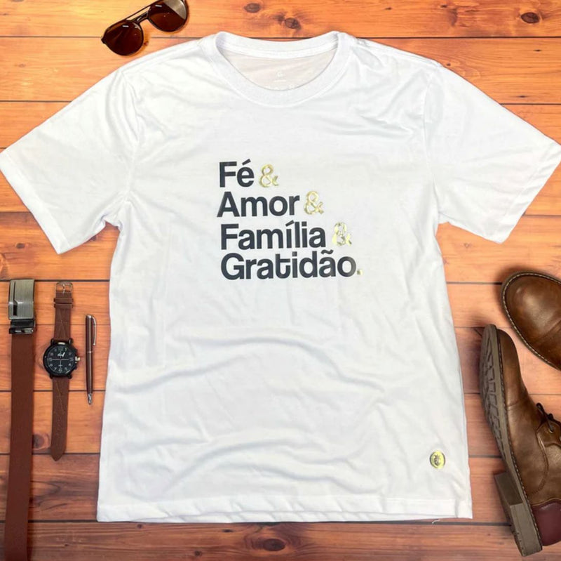 Camiseta Masculina Branca Fé & Amor Dourado